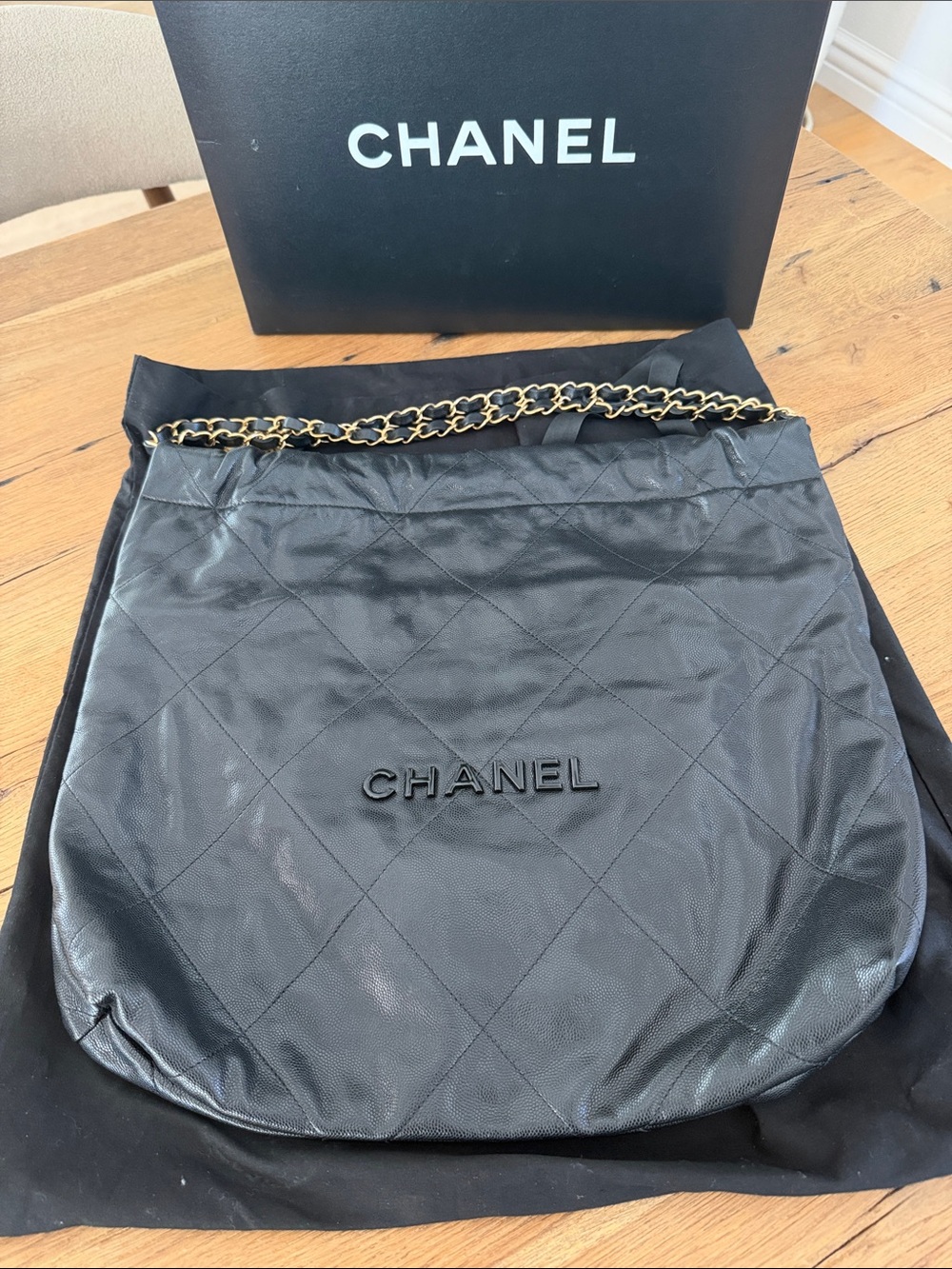 CHANEL Black Quilted Caviar Leather Shoulder Bag with Gold Chain Strap
